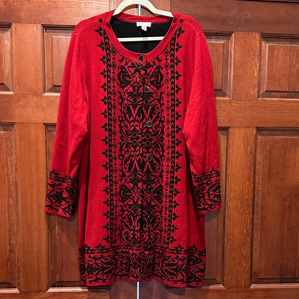 Susan Graver’s Elegant Red and Black Women's Sweater Topper.